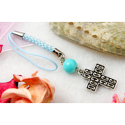 Cell Phone Straps, with Round Glass Beads, Tibetan Style Beads and Cord Loop with Alloy Findings and Nylon Cord, Cyan, 112mm