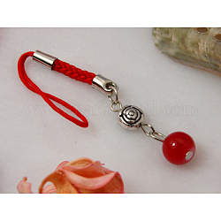 Fashion Mobile Straps, with Round Glass Beads, Tibetan Style Beads and Cord Loop with Alloy Findings and Nylon Cord, Red, 108mm
