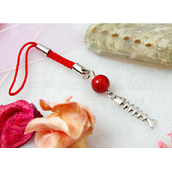 Mobile Straps, with Round Glass Beads, Tibetan Style Beads and Cord Loop with Alloy Findings and Nylon Cord, Red, 109mm