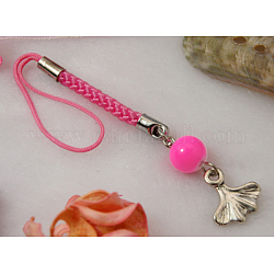 Mobile Straps, with Round Glass Beads, Tibetan Style Beads and Cord Loop with Alloy Findings and Nylon Cord, Pink, 107mm