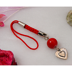 Mobile Straps, with Round Glass Beads, Tibetan Style Beads and Cord Loop with Alloy Findings and Nylon Cord, Red, 89mm
