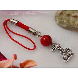 Mobile Straps, with Round Glass Beads, Tibetan Style Beads and Cord Loop with Alloy Findings and Nylon Cord, Red, 100mm