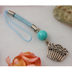 Mobile Straps, with Round Glass Beads, Tibetan Style Beads and Cord Loop with Alloy Findings and Nylon Cord, Cyan, 100mm