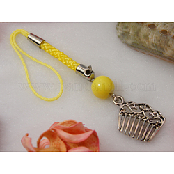 Mobile Straps, with Round Glass Beads, Tibetan Style Beads and Cord Loop with Alloy Findings and Nylon Cord, Yellow, 100mm