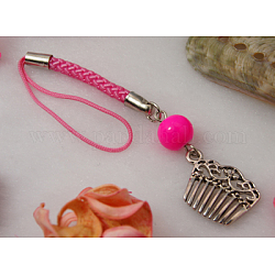 Mobile Straps, with Round Glass Beads, Tibetan Style Beads and Cord Loop with Alloy Findings and Nylon Cord, Hot Pink, 100mm