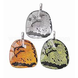 Handmade Dichroic Glass Pendants, with Alloy Pendant Bail, Halloween, Owl, Mixed Color, about 33~36mm wide, 42~48mm long, 8mm thick, hole: 4mm