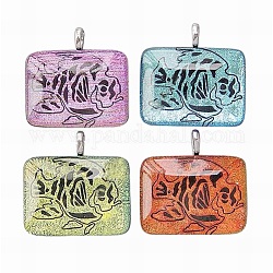 Handmade Dichroic Glass Pendants, with Alloy Pendant Bail, Rectangle, Mixed Color, about 40mm wide, 40mm long, 9mm thick, hole: 4mm