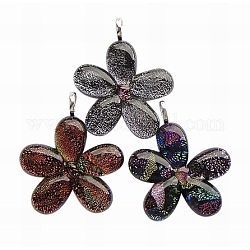 Handmade Dichroic Glass Pendants, with Alloy Findings, Flower, Mixed Color, about 41~43mm wide, 49~51mm long, 6~7mm thick, hole: 4mm