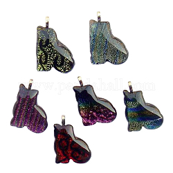 Handmade Dichroic Glass Pendants, with Alloy Findings, Cat, Mixed Color, about 22mm wide, 33mm long, 6mm thick, hole: 3mm