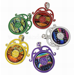 Dichroic Glass Big Pendants, with Alloy Findings and Enamel, Donut/Pi Disc, Mixed Color, about 50mm wide, 60mm long, 7mm thick, hole: 6mm