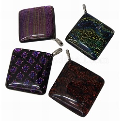 Handmade Dichroic Glass Big Pendants, with Alloy Pendant Bail, Rhombus, Mixed Color, about 46mm wide, 56mm long, 8mm thick, hole: 4mm