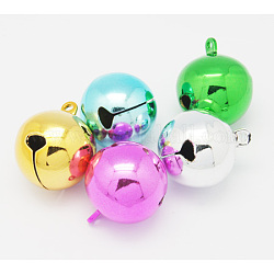 Brass Bell Pendants, Christmas Bauble, Round, Mixed Color, Size: about 25mm in diameter, 30mm long, hole: 2mm