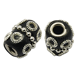 Handmade Indonesia Beads, with Brass Core, Column, Black, Size: about 11mm wide, 15mm long, hole: 3.5mm