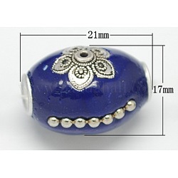 Handmade Indonesia Beads, with Aluminum Core, Oval, Dark Blue, Size: about 21mm long, 17mm thick, hole: 3mm