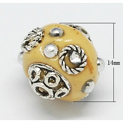 Handmade Indonesia Beads, with Brass Core, Round, Gold, Size: about 14mm in diameter, 13mm thick, hole: 2mm