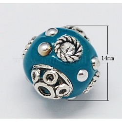 Handmade Indonesia Beads, with Brass Core, Round, Dark Cyan, Size: about 14mm in diameter, 13mm thick, hole: 2mm