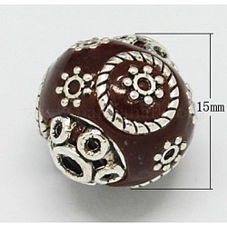Handmade Indonesia Beads, with Brass Core, Round, Sienna, Size: about 15mm in diameter, 16mm thick, hole: 2mm
