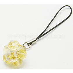 Glass Beads Mobile Straps, Yellow, Mobile Accessories: about 73mm long, Glass Beads: about 8-10mm inner diameter, Cord Loop With Copper Ends: about 45mm long