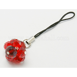 Glass Beads Mobile Straps, Red, Mobile Accessories: about 73mm long, Glass Beads: about 8-10mm inner diameter, Cord Loop With Copper Ends: about 45mm long