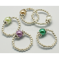 Vetro di modo anello tratto perla, con perline di ferro, colore misto, Anelli: su 20 diametro interno mm, perle perline di vetro: 8 mm, branelli del distanziatore: 3 mm