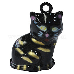 Enamel Brass Bell Pendant, Cat, Black, about 23mm long, 16mm wide, 12mm thick, hole: 2mm