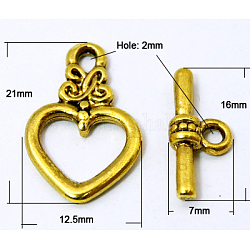 Chiusure toggle di sitle tibetano, cadmio & nichel &piombo libero, cuore, oro antico, cuore: 21x13 mm, Foro: 2 mm, lungo 16.5 mm: bar, Foro: 1.5 mm
