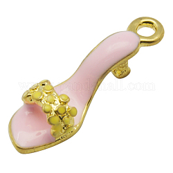 Colgantes de esmalte de latón, zapatos de tacón alto, color metal dorado, rosa, 7x23x6mm, agujero: 2 mm