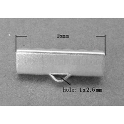 Brass Ribbon Crimp Ends, Lead Free and Cadmium Free, Silver Color, Size: about 15mm long, 4mm thick, hole: 1x2.5mm