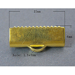 Brass Ribbon Crimp Ends, Lead Free and Cadmium Free, Golden Color, Size: about 6mm wide, 15mm long, hole: 1.5x3mm