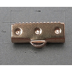 Brass Ribbon Crimp Ends, Lead Free, Cadmium Free and Nickel Free, Red Copper Color, Size: about 6mm wide, 15mm long, 4mm thick, hole: 2x1mm