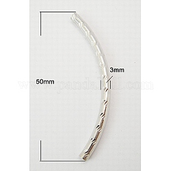 Brass Curved Tubes Beads, Silver, 50x3mm, Hole: 2mm