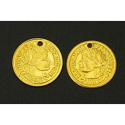 Brass Pendants, Lead Free and Cadmium Free, Coin, Golden Color, Size: about 11mm in diameter, 0.5mm thick, hole: 1mm