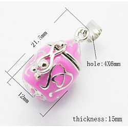 Brass Prayer Box Pendants, Enamel, Barrel, Nickel Color, Hot Pink, Size: about 21.5mm long, 12mm wide, 15mm thick, hole: 4mm wide, 6mm long