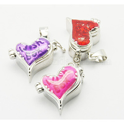 Brass Prayer Box Pendants, Enamel, Heart, Platinum Color, Mixed Color, Size: about 22mm long, 20mm wide, 11mm thick, hole: 4mm wide, 6mm long