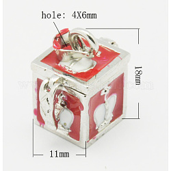 Pendentifs de boîte de prière, émail, cube, couleur platine, rouge, taille: environ 18 mm de long,  largeur de 11 mm, épaisseur de 17mm, trou: 4 mm de large, Longueur 6mm