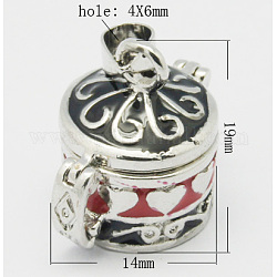 Brass Prayer Box Pendants, Enamel, Column, Nickel Color, Black, Size: about 19mm long, 14mm wide, 22mm thick, hole: 4mm wide, 6mm long