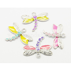 Brass Enamel Pendants, Lead Free & Nickel Free, Dragonfly, Silver Color Plated, Mixed Color, 19x22.5x2mm, Hole: 1.5mm