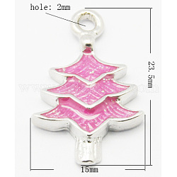 Pendentifs d'émail en laiton , sans plomb et sans nickel, arbre de Noël, couleur platine, rose chaud, 23.5x15x3mm, Trou: 2mm
