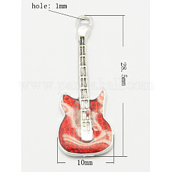 Pendentifs d'émail en laiton , sans plomb et sans nickel, guitare, couleur platine, rouge, taille: environ 28.5 mm de long,  largeur de 10 mm, épaisseur de 2mm, Trou: 1mm