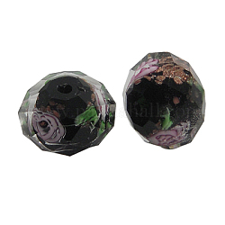 Handmade Gold Sand Lampwork Beads, Inner Flower, Faceted, Rondelle, Black, about 10mm in diameter, 8mm thick, hole: 1.5mm