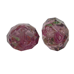 Handmade Gold Sand Lampwork Beads, Inner Flower, Faceted, Rondelle, Pale Violet Red, about 10mm in diameter, 8mm thick, hole: 1.5mm