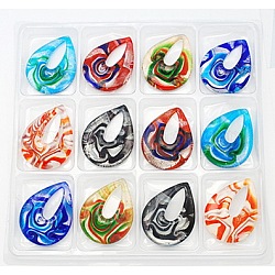 Handmade Lampwork Pendants, teardrop, Mixed Color, Size: about 52mm long, 40mm wide, 12mm thick, hole: 26mm, 12pcs/box