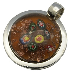 Millefiori Lampwork Pendants, with Gold Sand and Alloy Pendants, Half Round, Platinum, Goldenrod, Size: about 44mm wide, 53mm long, 11mm thick, hole: 7.5mm
