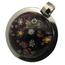 Millefiori Lampwork Pendants, with Gold Sand and Alloy Pendants, Half Round, Platinum, Purple, Size: about 44mm wide, 53mm long, 11mm thick, hole: 7.5mm
