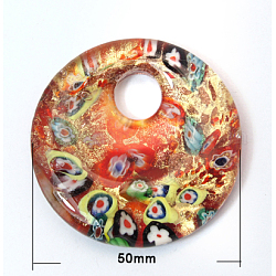 Handmade Millefiori Glass Big Pendants, with Goldsand, Flat Round, Red, 50x10mm, Hole: 10.5mm