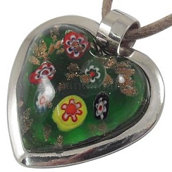 Handmade Millefiori Glass Pendants with Gold Sand, Heart, Platinum, Green, Size: about 48mm long, 43mm wide, hole: 7.5mm