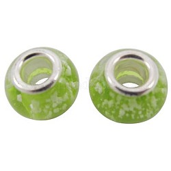 Handmade Luminous Lampwork European Beads, with Silver Color Brass Core, Drum, Yellow Green, Size: about 13mm long, 10mm wide, hole: 5mm