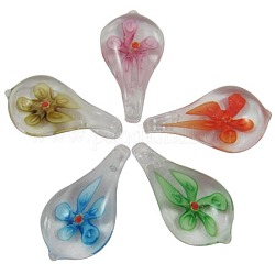 Handmade Lampwork Pendants, with Inner Flower, Leaf, Mixed Color, 34x18x9mm, Hole: 4mm