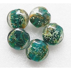 Handmade Lampwork Beads, with Strips, Flat Round, Dark Cyan, Size: about 20mm in diameter, 10mm thick, hole: 2mm