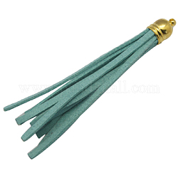 Suede Tassels, with Golden Color Brass Findings, Nice for DIY Earring or Cell Phone Straps Making, Cyan, about 10mm wide, about 83mm long, hole: 2mm